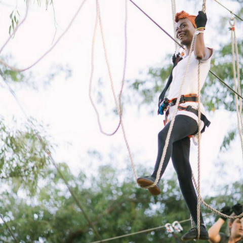 Client tackling high ropes and tricky crossings on the Green Combo course, finishing with the Big Zip at Acrobranch Casalinga
