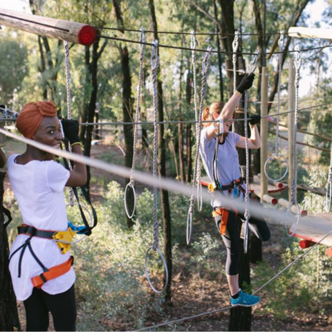 Two clients enjoying the High Flying course at Acrobranch Casalinga, navigating through advanced obstacle course and experiencing four thrilling Big Zip rides