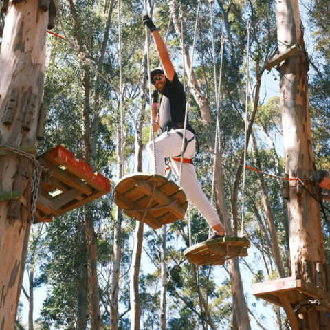 Client conquering the High Flying course, the most daring and advanced course at Acrobranch Casalinga, topped off with the Big Zip