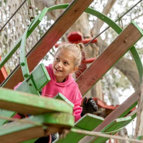 Child crawling through a barrel obstacle on the Monkey Moves treetop course at Acrobranch